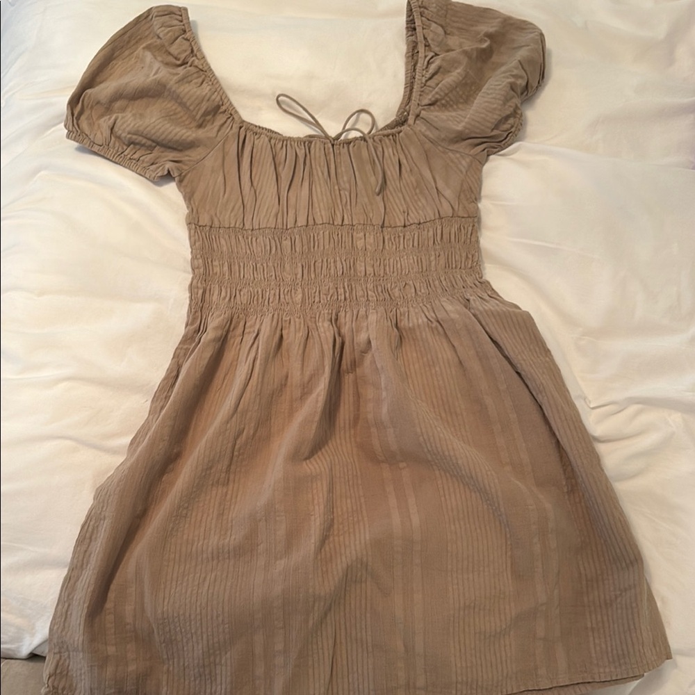 Aritzia Sundays best tan mini puff sleeve Dress